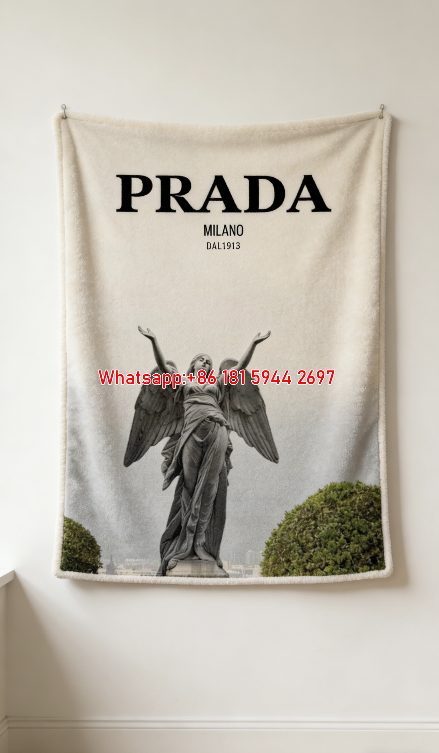 Prada Milano Angel Statue Print Flannel Throw Blanket Warm Beige Grey Neutral Tone Luxury Sofa Cover Blanket IMG_2830